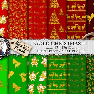 Gold Weihnachten #1 Digitales Papier, GoldFolie Muster - Weihnachtsmann, Rentier, Engel, Baum, Stern, Holly. Hintergründe Scrapbooking Druckbar