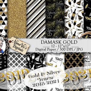 Papel digital de véspera de ano novo, dourado/prateado/preto/branco, scrapbooking/sobreposição de fotografia/CLIP ART/padrões/fundos/impressões