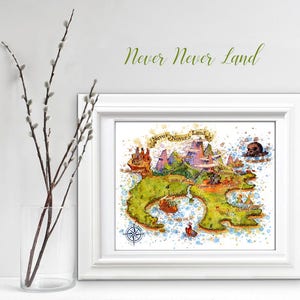 Never Never Land Karte Kinderzimmer, Aquarell Peter Pan Karte Poster, Never Never Land Karte, Wand Kunst Karte, Dekor Baby, Spielzimmer Druck