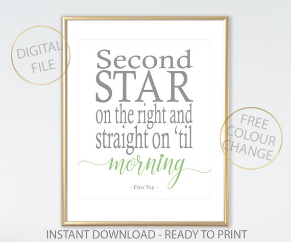 Peter Pan Disney Quote Second Star Morning Printable Disney Prints Disney Wall Art Nursery Word Art Nursery Decor Bedroom Ideas