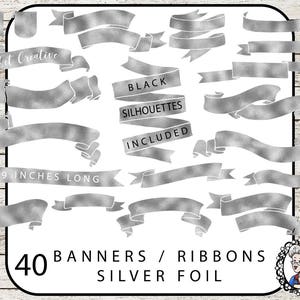 Zilver folie Banner Clipart, lint Clipart, zilveren Lables Clip Art, Clipart digitale Banners, digitale Scrapbook Element PNGs Instant Download