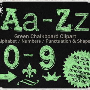 Alphabet Clipart set 83 png: Lettres vertes / Chiffres / Formes Tableau à craie numérique Alphabet Clip Art, Scrapbook chalk clip art, Police scolaire