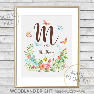 NOMBRE del niño, guardería / sala de juegos Print. Estampados de guardería para niños o niñas, Floral de bosque con lindos insectos tema, Regalo de baby shower, Nuevo estampado de bebé