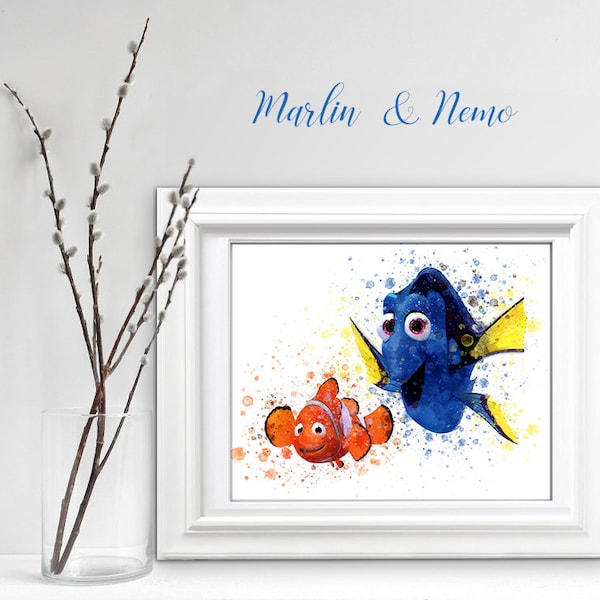 Nemo Nursery Print, Dory & Marlin characters from Finding Nemo movie print, Nemo fish decor print, watercolor art, kids wall art