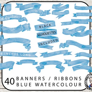Blue Banner Clipart, Ribbon Clipart, Watercolor Banners Clip Art, Digital Banners Clipart, Digital Scrapbooking Element PNG Instant Download