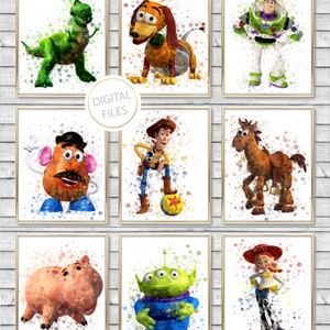 9 Toy Story Nursery Prints Set, Woody Jessie Buzz Bullseye digital print / sublimation, decor prints, watercolor art, boy playroom wall