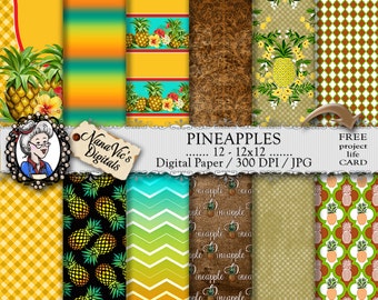 Pineapple Digital Paper, Tropical Pineapple, photography overlays, backgrounds, chevron ombre textures, Scrapbooking, Printable, 12 HRes 300