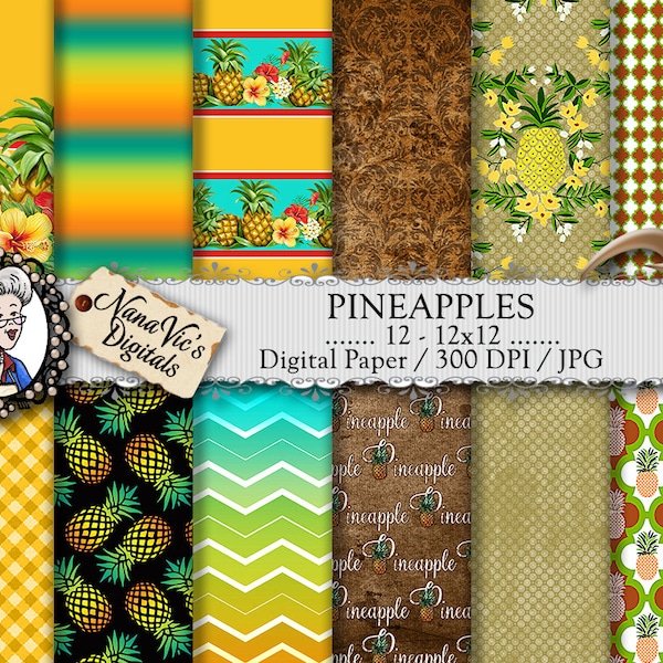 Pineapple Digital Paper, Tropical Pineapple, photography overlays, backgrounds, chevron ombre textures, Scrapbooking, Printable, 12 HRes 300