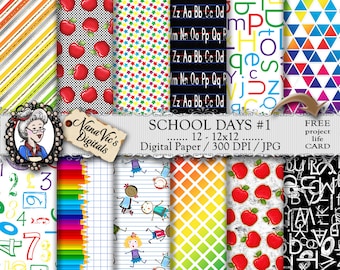 Schultage Digitales Papier, Alphabet, Zahlen, Hintergründe, Kreide Texturen, Scrapbooking Druckbar, Fotografie, geometrische Regenbogen Muster