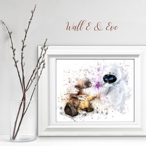 Wall E & Eve Digital Print / sublimation, characters from the movie Wall E, printable, boy decor watercolor art kids playroom, robot poster