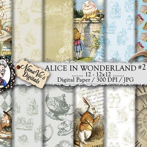 Alicia en el país de las maravillas Digital Papers 2: hoja de collage vintage, patrones de tracción, diario Scrapbooking papel, fotografía de nuevo gota, John Tenniel