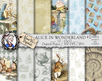 Alice in Wonderland Digital Papers 2: vintage collage sheet, toile patterns, journal Scrapbooking paper, Photography back drop, John Tenniel