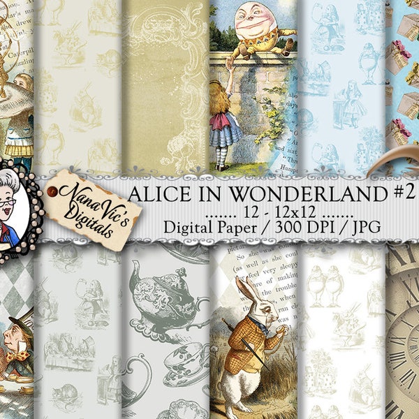 Alice in Wonderland Digital Papers 2: vintage collage sheet, toile patterns, journal Scrapbooking paper, Photography back drop, John Tenniel