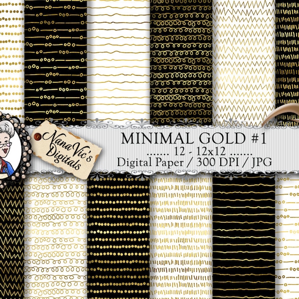 Minimal Digital Paper, gold foil on black & white, minimalist patterns, miniature backgrounds,  Printable, photography, hand drawn patterns