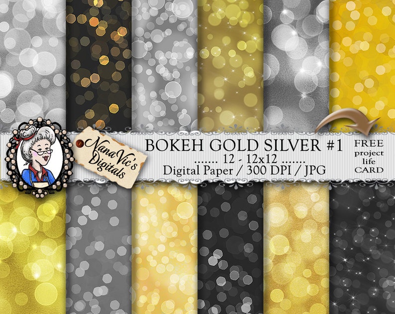 Scrapbooking bekeh textures photography bokeh overlays 12 H Res 300 DPI backgrounds Bokeh Digital Paper Printable Gold and Silver