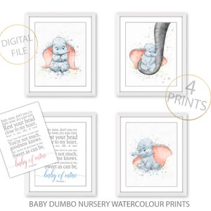 3 Baby Dumbo Prints plus dumbo quote for Nursery, Watercolor Dumbo Posters, Wall Art Decor, Baby shower gift Boy or Girl, Cute elephant