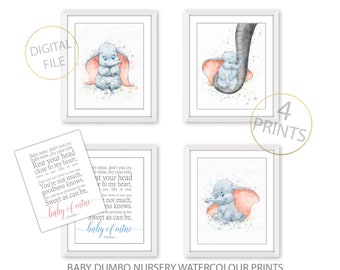 3 Baby Dumbo Prints plus dumbo quote for Nursery, Watercolor Dumbo Posters, Wall Art Decor, Baby shower gift Boy or Girl, Cute elephant