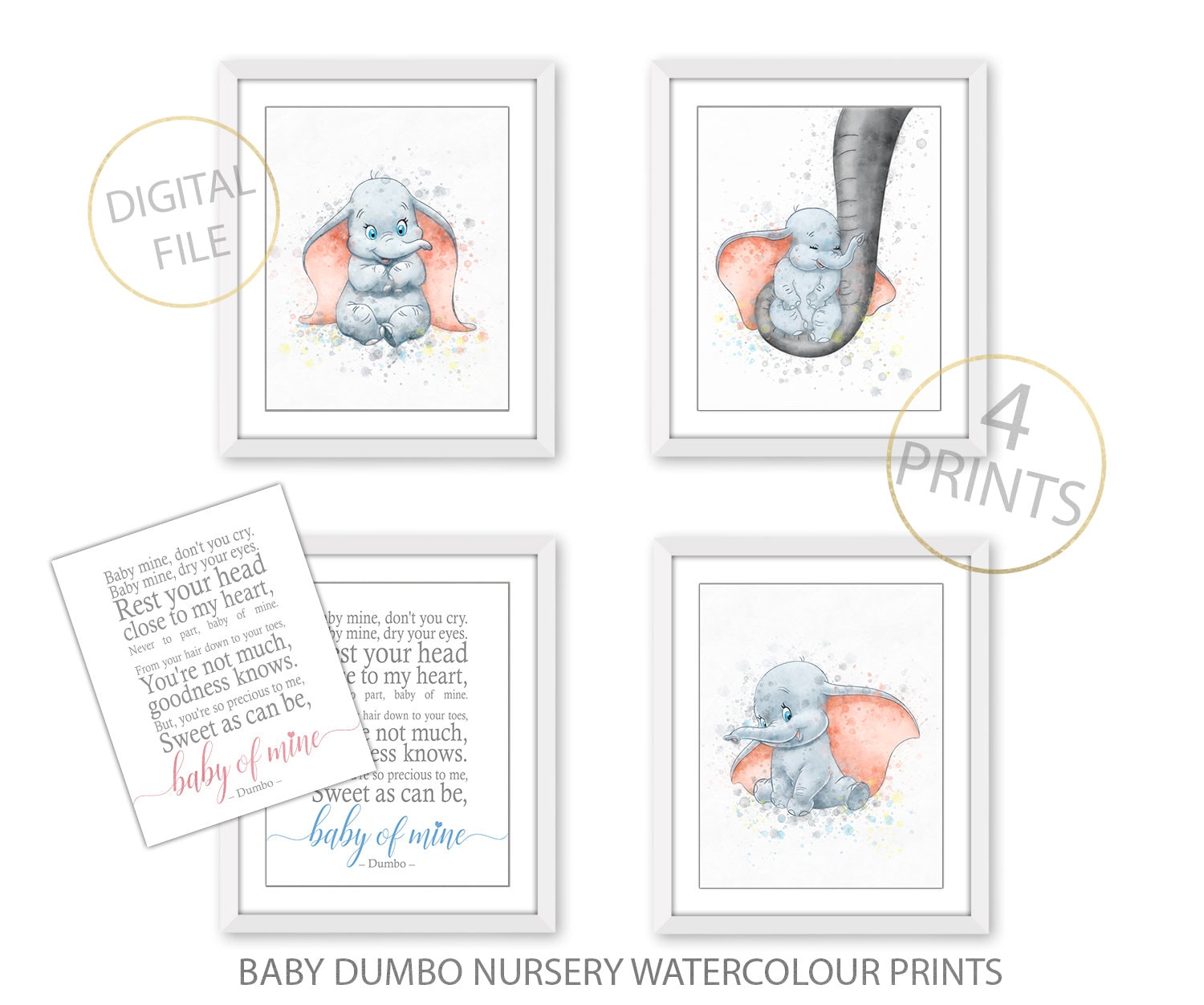 3 Baby Dumbo Prints plus dumbo quote for Nursery, Watercolor Dumbo Posters, Wall Art Decor, Baby shower gift Boy or Girl, Cute elephant