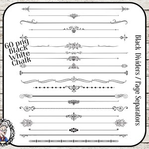 May include: A set of 60 black and white chalk dividers and page separators. The dividers are in a variety of styles, including simple lines, ornate flourishes, and geometric patterns.