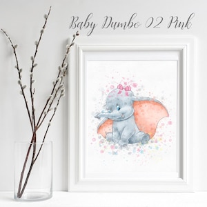 Dumbo #2 Pink Watercolor Printable Download Dumbo Poster Wall Art Decor Dumbo Baby Wall Art Print Newborn Nursery Girl Decor elephant