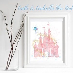 Pink castle blue bird Cinderella's slipper, pretty pastel castle Print, Princess Watercolor Girl poster, Baby Girl Nursery, Wall Art Digital