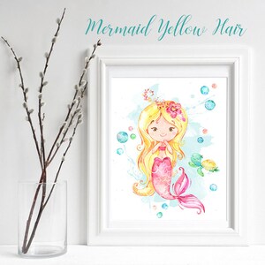 Mermaid Wall Art Decor, Girls Nursery / Bathroom Prints, Mermaid Printable, Girls Bedroom Decor, Mermaid Watercolor Print, Little Mermaid