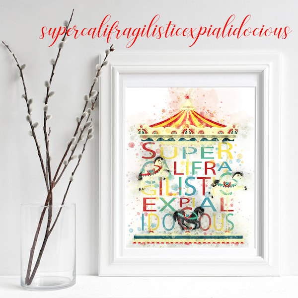 Mary Poppins supercalifragilisticexpialidocious carousel watercolor print, Carousel Nursery, Mary Poppins Print, Decor Mary Poppins Wall Art