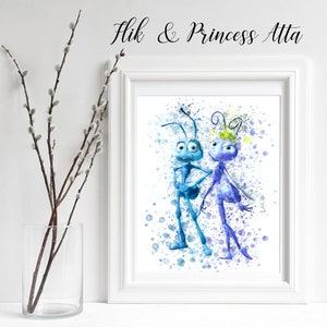 May include: A watercolor painting of Flik and Princess Atta from the movie A Bug's Life. The characters are blue and purple with yellow accents. The background is a light blue with white splatters.