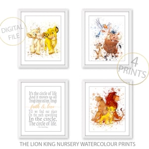 The Lion King set of 4, Simba, Nala, Zazu, Timon, Pumbaa, Mufasa and Sarabi & Circle of Life Prints Wall Art Printable Newborn Nursery Decor
