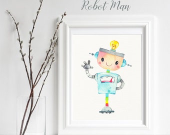 Robot Nursery Wall Art, Digital Print, Printable Watercolor Robot Dad, Baby Shower Gift, Play Room Decor, Kids Robot Art, Gift for Him