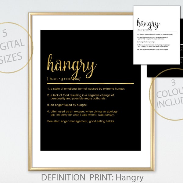 Hangry Definition Print, Hangry Printable Quote , Foodie Gift, Funny Definitions, Humorous Gifts, exerise fitness, Kitchen Wall Art Decor