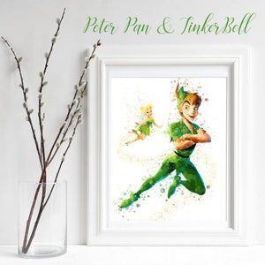 Peter Pan & Tinker Bell Nursery Digital print / sublimation, Watercolor Poster Wall Art Decor Baby, Newborn Nursery Boy Decor