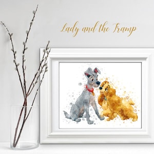Lady and The Tramp 2, Dogs nursery Print, Puppy Watercolor Printable Nursery, Lady & The Tramp Print, Wall Art, Animal Digital Print