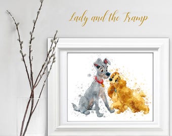 Lady and The Tramp 2, Dogs nursery Print, Puppy Watercolor Printable Nursery, Lady & The Tramp Print, Wall Art, Animal Digital Print