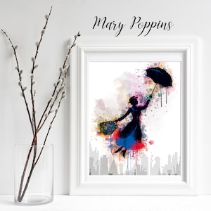 Mary Poppins Print, Mary Poppins flying Watercolor, Mary Poppins Nursery, Mary Poppins Decor, Colourful Mary Poppins Wall Art, gift for her