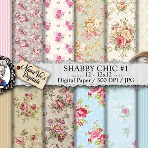 Carta digitale Shabby Chic: Rose, Vittoriano, Vintage, Gessato, Sfondi Scrapbooking Stampabile, 12 High Res Digital Pattern 300 DPI