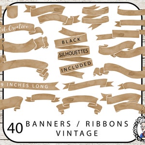 Vintage Banner Clipart, Ribbon Clipart, Vintage Lables Clip Art, Digital Banners Clipart, Digital Scrapbook Element 40 PNGs Instant Download