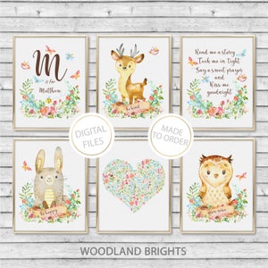 Conjunto de bosque de 6, su elección de 3 animales del bosque, nombre del niño, verso de guardería y corazón floral. Niño o niña Grabados de guardería Tema Woodland
