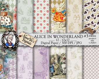 Alice in Wonderland Digital Papers 3: vintage collage sheet, toile patterns, journal Scrapbooking paper, Photography back drop, John Tenniel