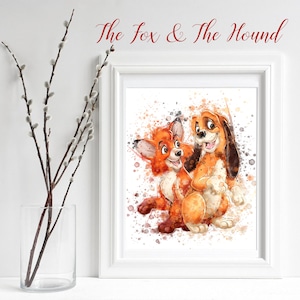 The Fox and The Hound, Watercolor Download, Fox and Dog Poster Wall Art Decor Baby Wall Art Print Newborn Nursery Boy / Girl Decor