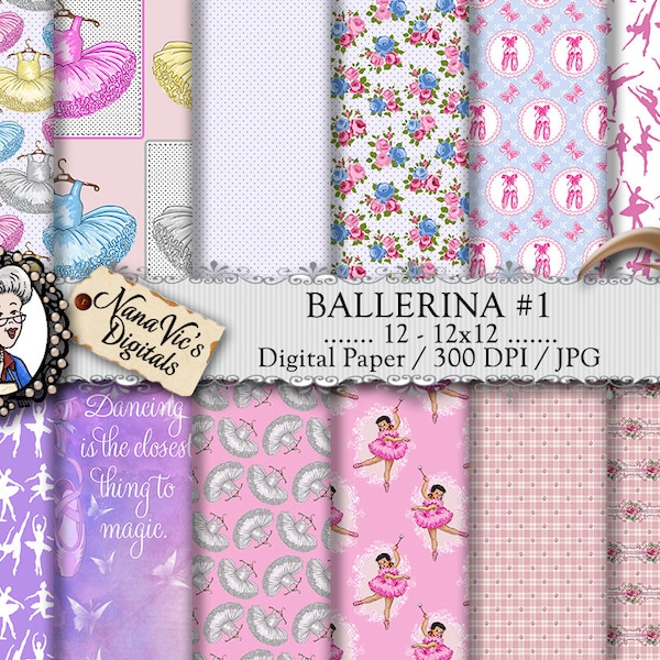 BALLERINA Digital paper, ballet dance digital paper in pink / roses / shabby chic, Scrapbooking Printable, photography ballerina back drops