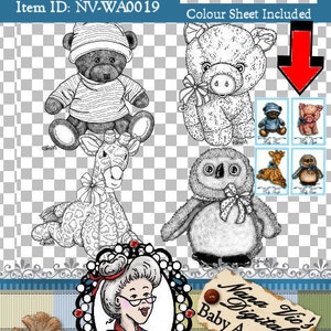 Sello digital, animales del bebé 1, oso de peluche, cerdo, jirafa, búho, imprimible, sello Digi, ilustración, ID de descarga instantánea: NV-DS0029 por Nana Vic