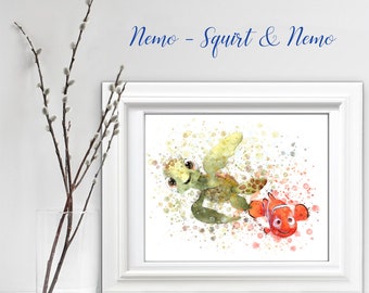 Nemo Nursery Print, Nemo & Squirt characters from Finding Nemo movie print, Nemo fish decor print, watercolor art, kids wall art