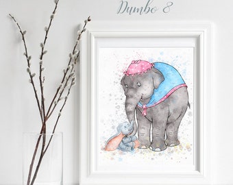 Dumbo #8 with Mrs Jumbo Nursery Print, Dumbo Poster inspired Wall Art, Watercolour Decor Dumbo Baby Printable, Newborn Gift, elephant
