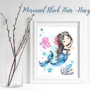 Mermaid Nursery Print, Mermaid Bathroom Decor, Mermaid Wall Art Navy Decor, Mermaid Printables, Little Mermaid, Just for her, Girl Art