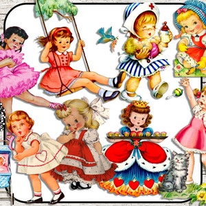 Digitale Clipart: Little Girls, Vintage Ephemera Girls, Ballerina / Krankenschwester / Kinderwagen / Königin der Herzen, Scrapbooking / Kartenherstellung - 8 PNG CU