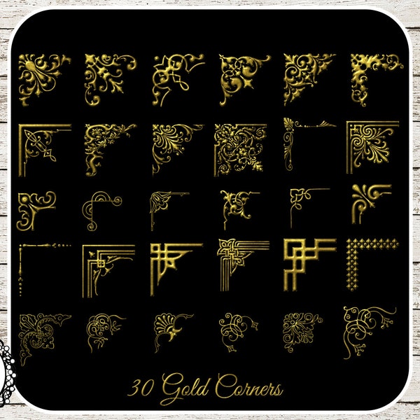 Clipart: 30 Corners in Black Gold Silver for Wedding Decorative Calligraphy Photographer Frame Corners - 90 PNG,EPS,PSD