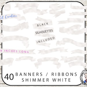 White Foil Banner Clipart, Ribbon Clipart, White Lables Clip Art, Digital Banners Clipart, Digital Wedding Element PNGs Instant Download