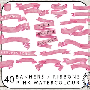 Pink Banner Clipart, Ribbon Clipart, Watercolor Ribbons Clip Art, Digital Banners Clipart, Digital Scrapbooking Element PNG Instant Download