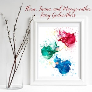 Princess Aurora&#39;s fairy Godmothers, Sleeping Beauty Fairy Godmothers Flora, Fauna & Merryweather Nursery, Wall Art Watercolor Digital Print